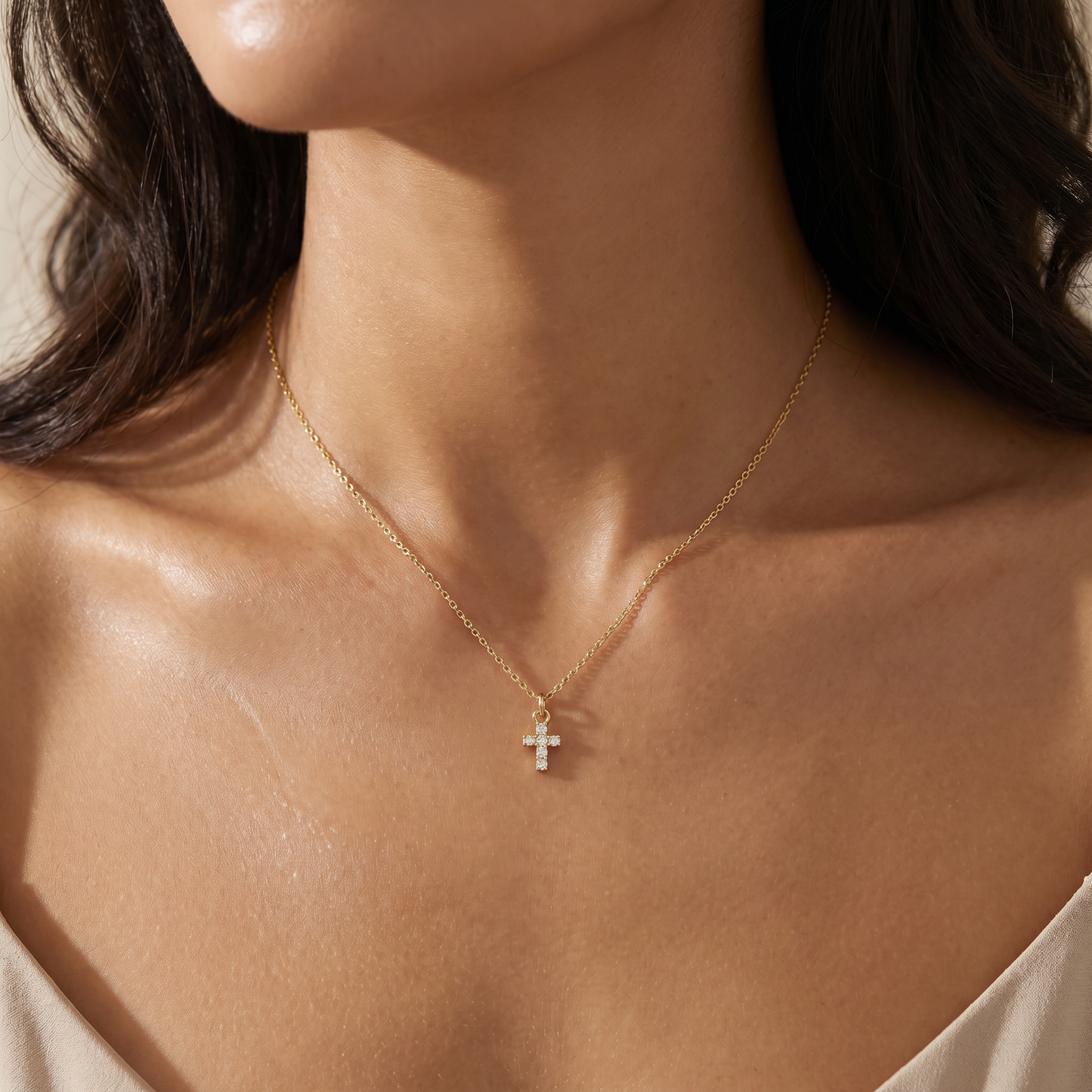 DAINTY GOLD CZ CROSS NECKLACE