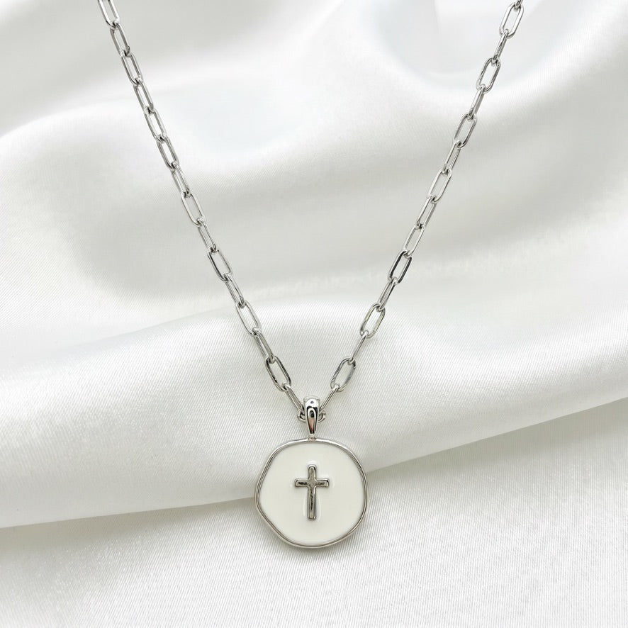 WHITE ENAMEL SILVER CROSS