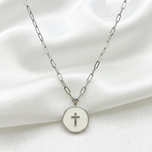 WHITE ENAMEL SILVER CROSS